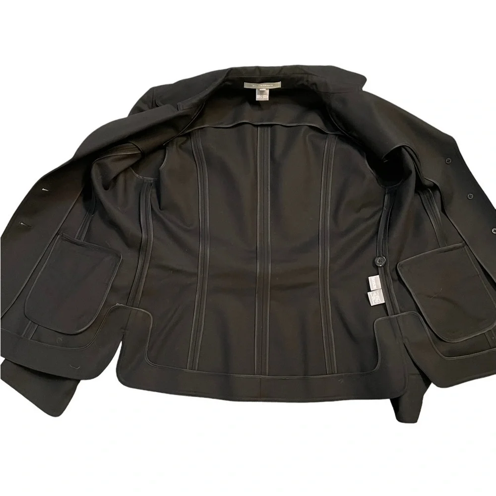 Ellen Tracy Black Blazer Cotton Spandex Wide Notch Collar Three Button Size 10
